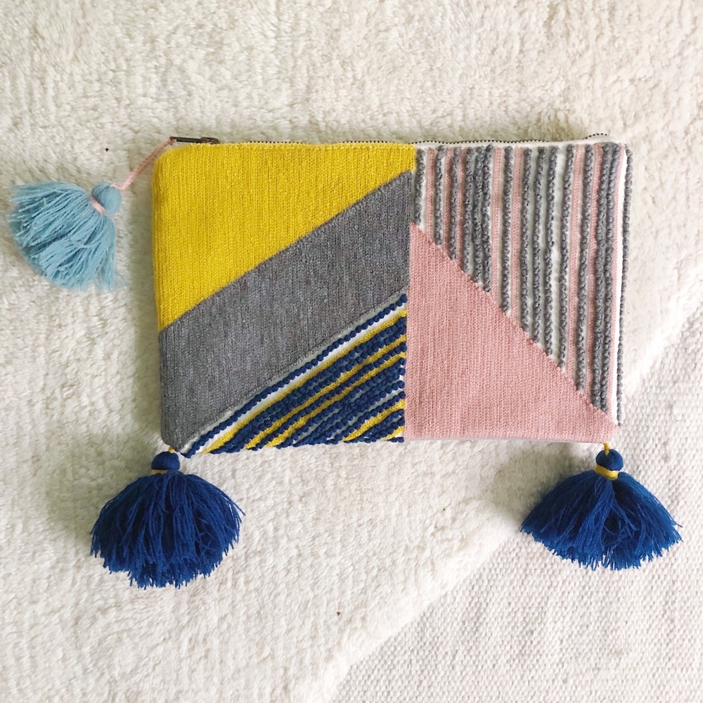 Anthropologie Woven Tapestry Clutch - Pom Pom Tassel Bright Yellow Pink Blue